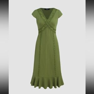 Lace Trim V-Neck Ruffle Midi Dress